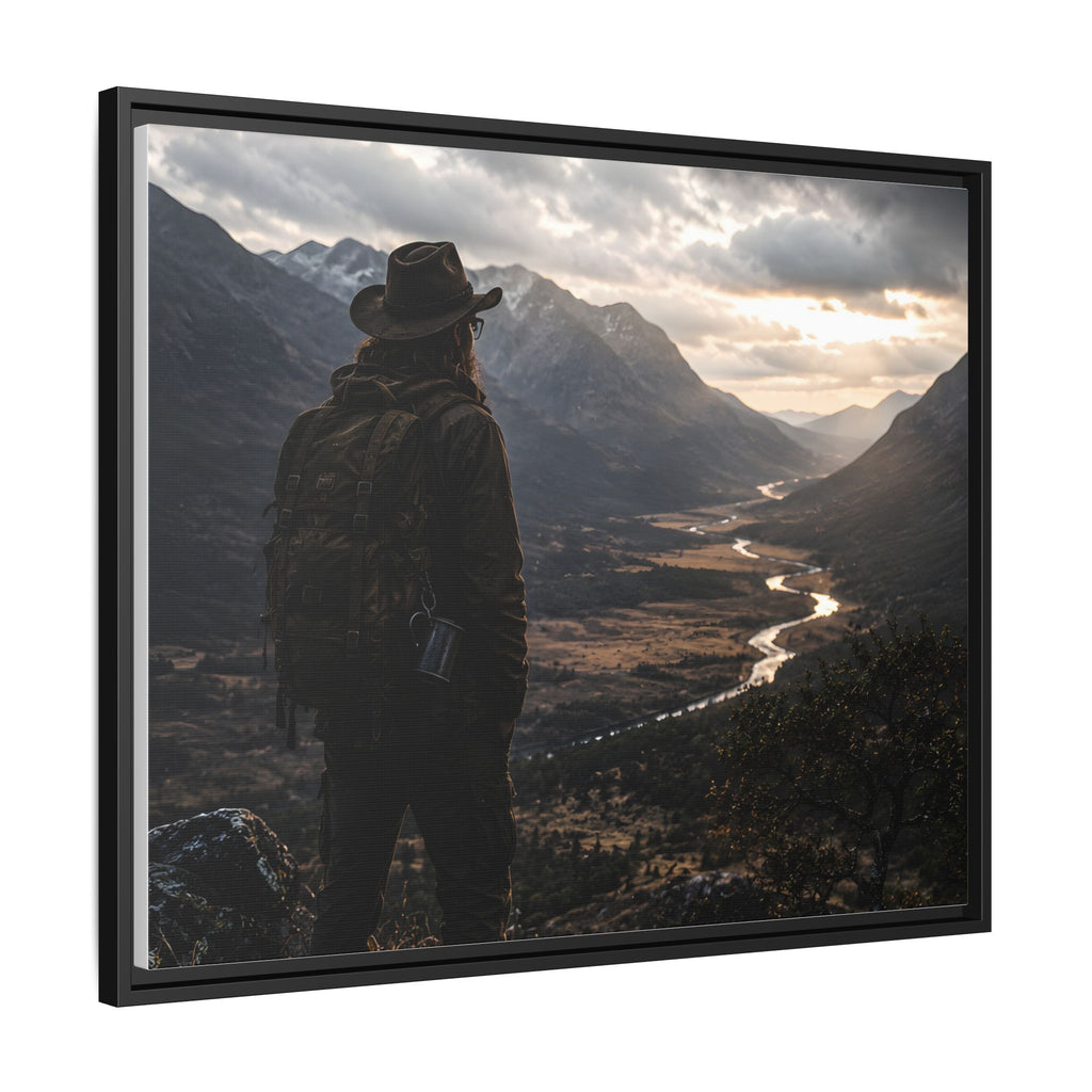 Wanderer in the Valley Matte Framed Canvas – Adventure Landscape Wall Art