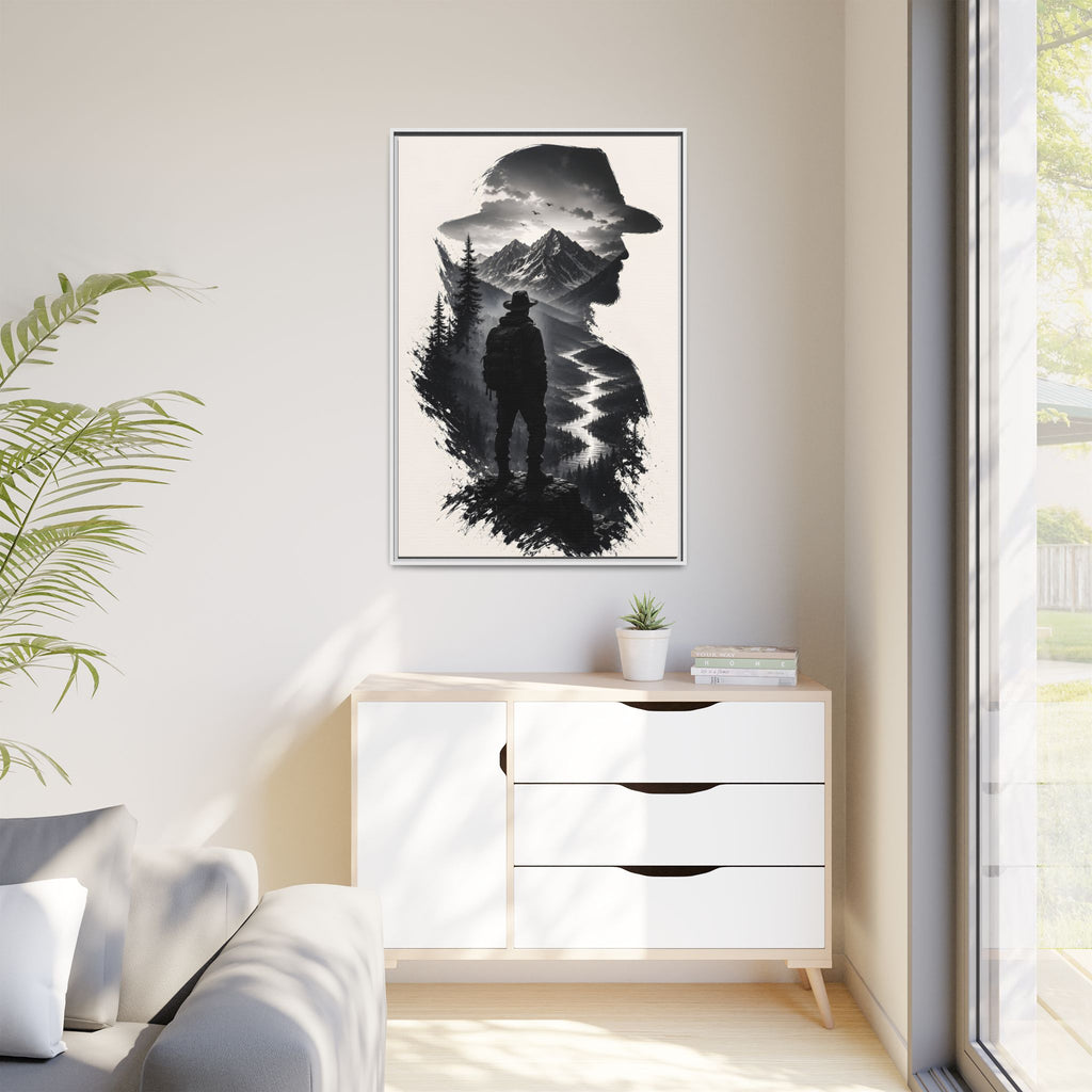 Adventure Silhouette Matte Canvas Framed Print — Mountain Hiker Double Exposure Wall Art