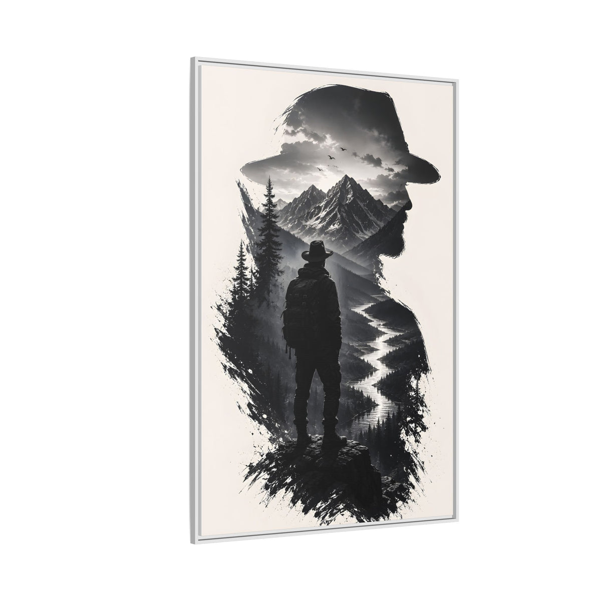 Adventure Silhouette Matte Canvas Framed Print — Mountain Hiker Double Exposure Wall Art