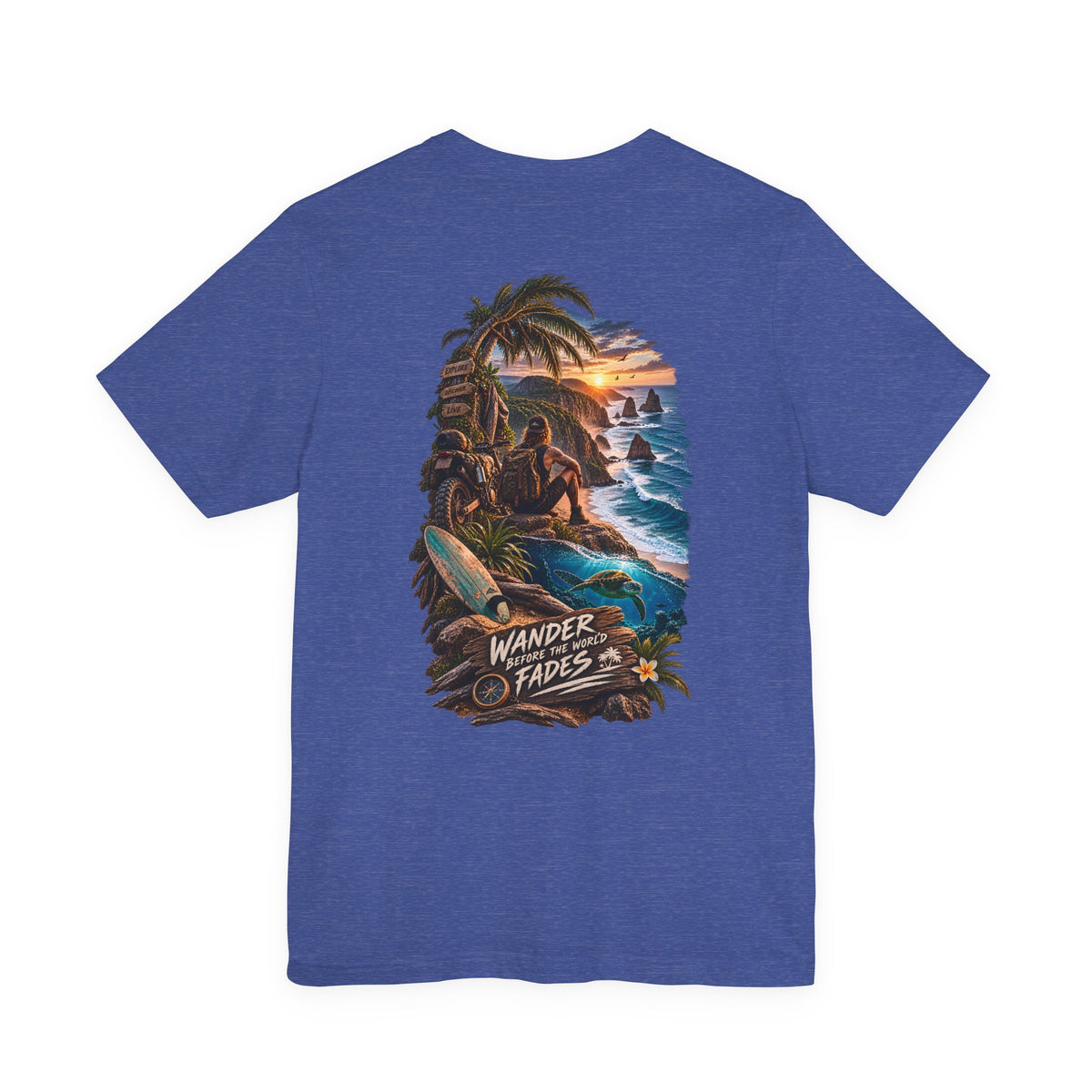 T-Shirt — "Wander Never Fades" Surf Sunset Graphic Tee