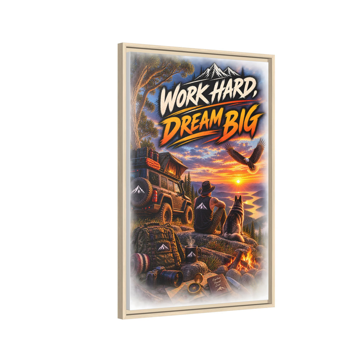 Work Hard Dream Big Framed Canvas Print — Inspirational Camping Sunset Wall Art