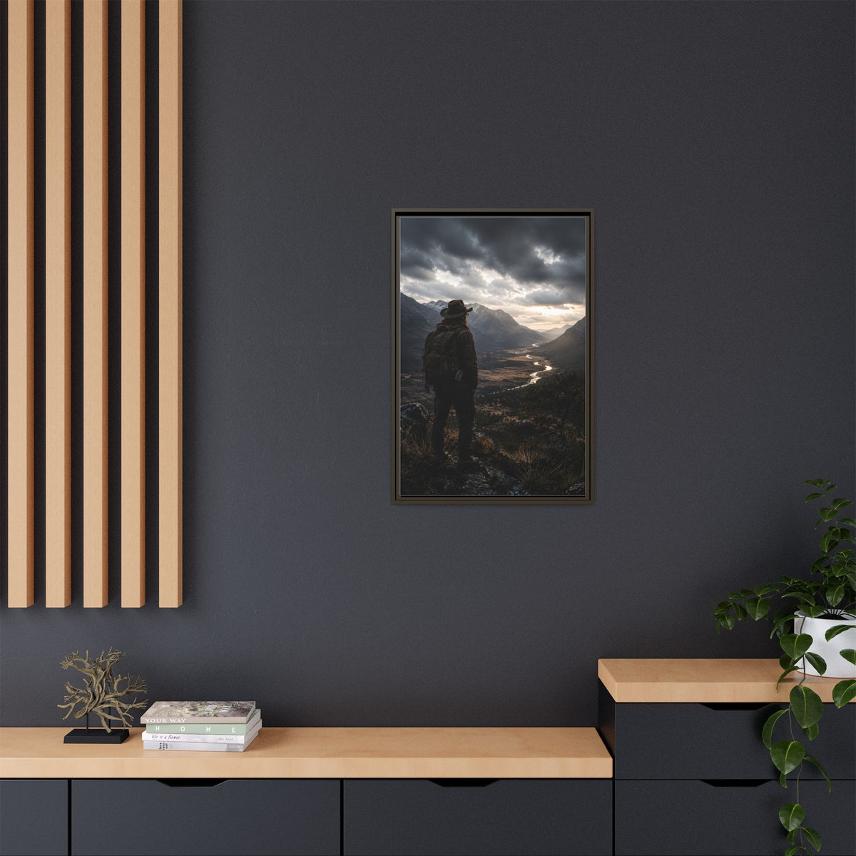 Wanderer in the Valley Matte Framed Canvas – Adventure Landscape Wall Art