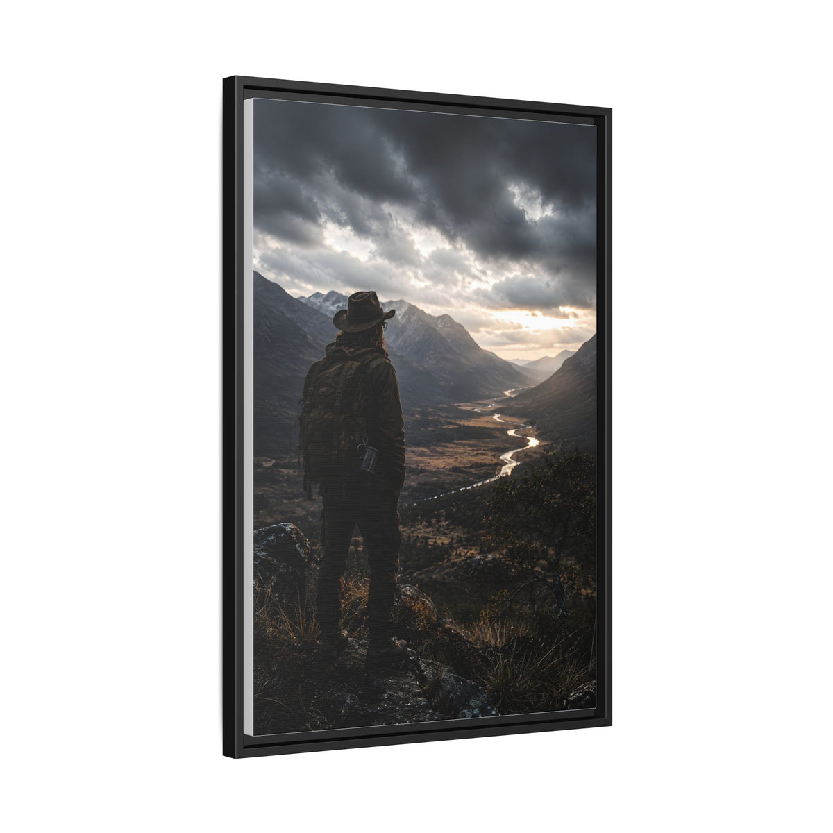 Wanderer in the Valley Matte Framed Canvas – Adventure Landscape Wall Art