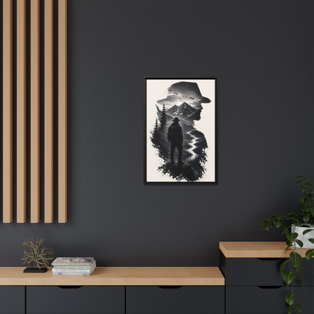 Adventure Silhouette Matte Canvas Framed Print — Mountain Hiker Double Exposure Wall Art