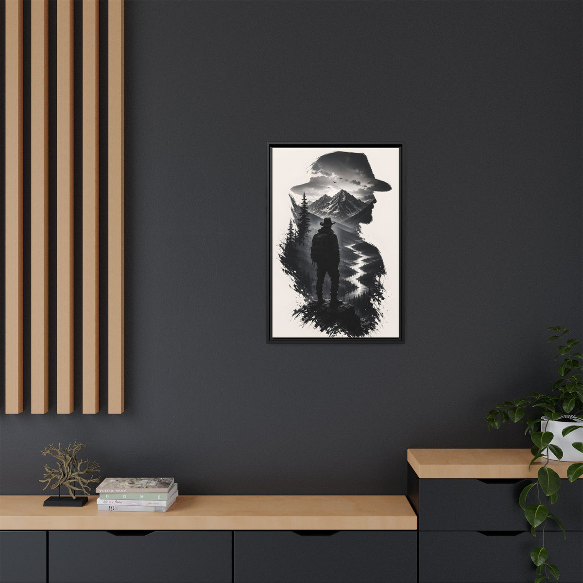 Adventure Silhouette Matte Canvas Framed Print — Mountain Hiker Double Exposure Wall Art