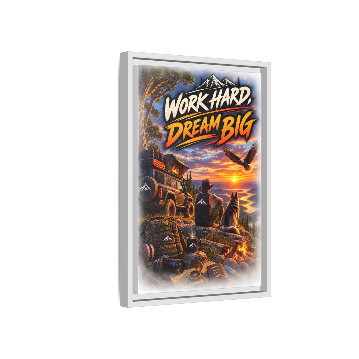 Work Hard Dream Big Framed Canvas Print — Inspirational Camping Sunset Wall Art