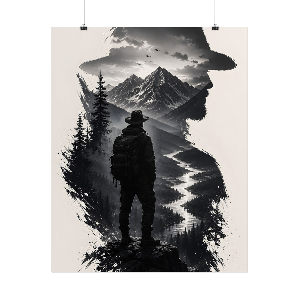 Adventure Silhouette Poster — Hiker, Mountains & River Rolled Wall Art