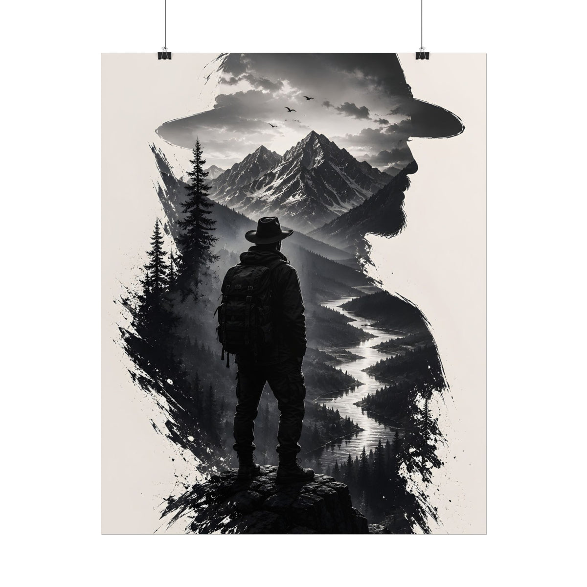 Adventure Silhouette Poster — Hiker, Mountains & River Rolled Wall Art