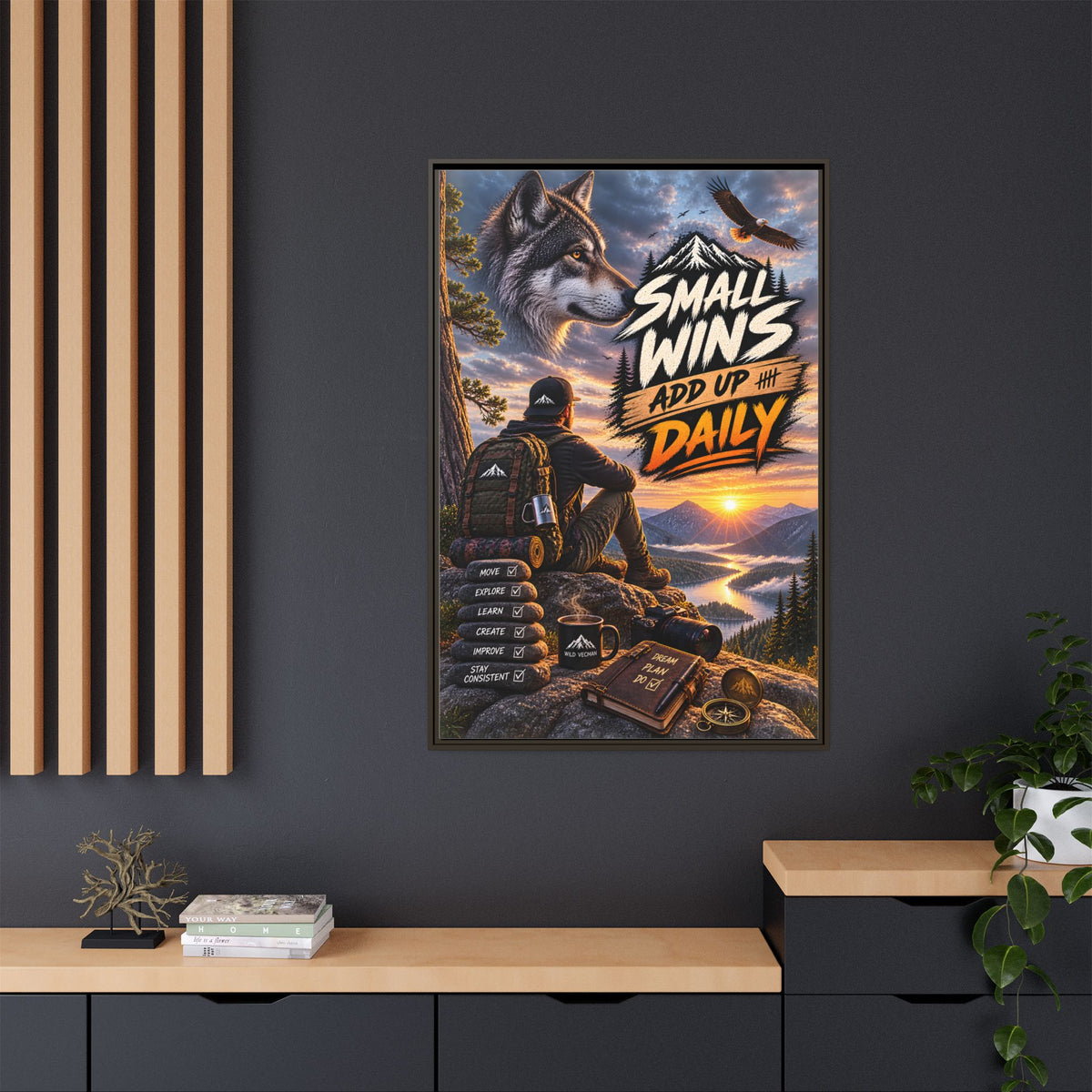 Small Wins Add Up Daily Framed Canvas Wall Art — Motivational Hiking Print