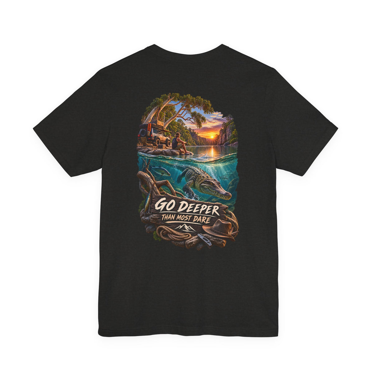 Go Deeper Dolphin Beach Tee — Nautical Sunset Ocean Graphic T‑Shirt