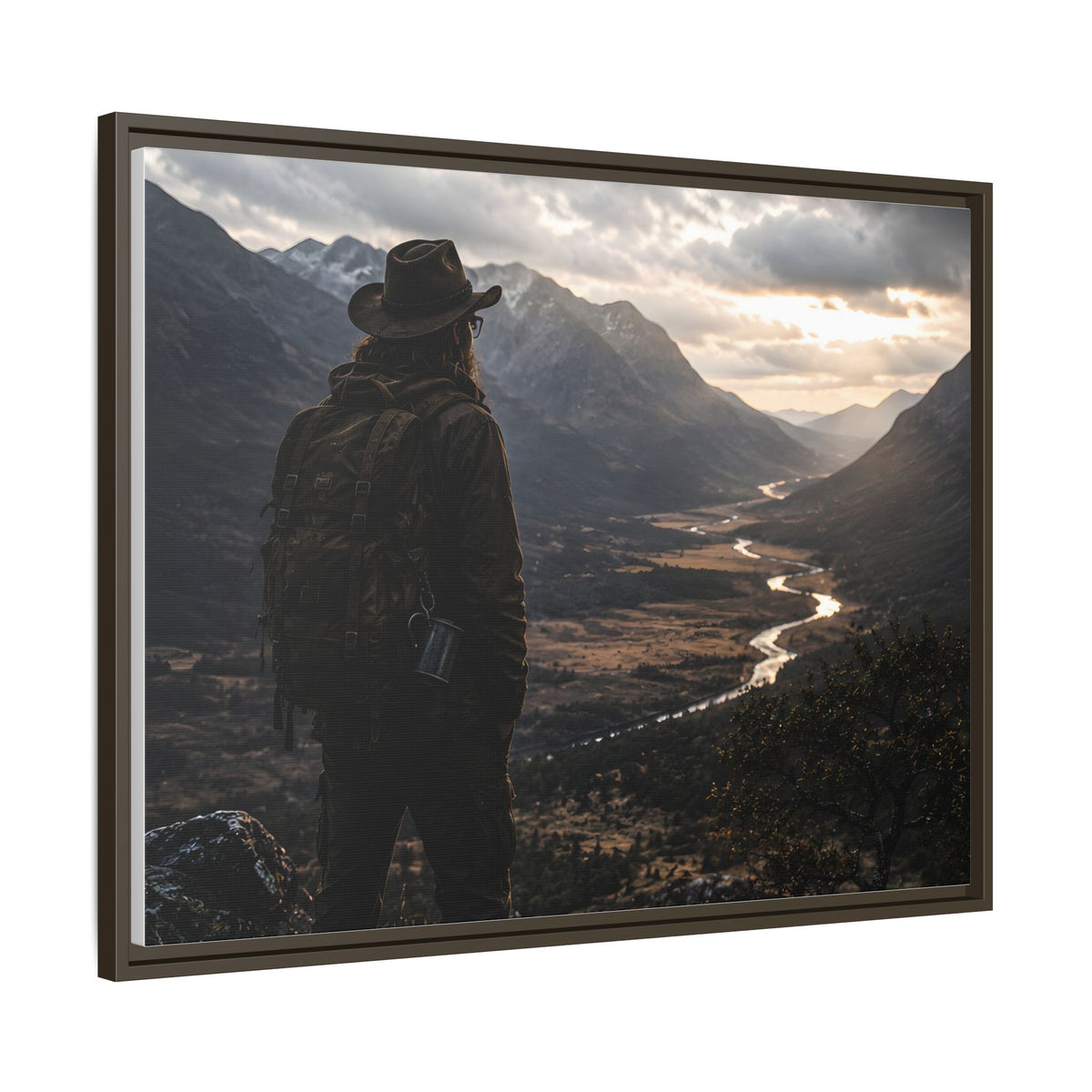 Wanderer in the Valley Matte Framed Canvas – Adventure Landscape Wall Art