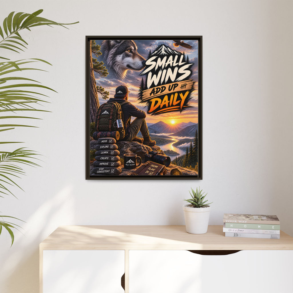 Small Wins Add Up Daily Framed Canvas Wall Art — Motivational Hiking Print