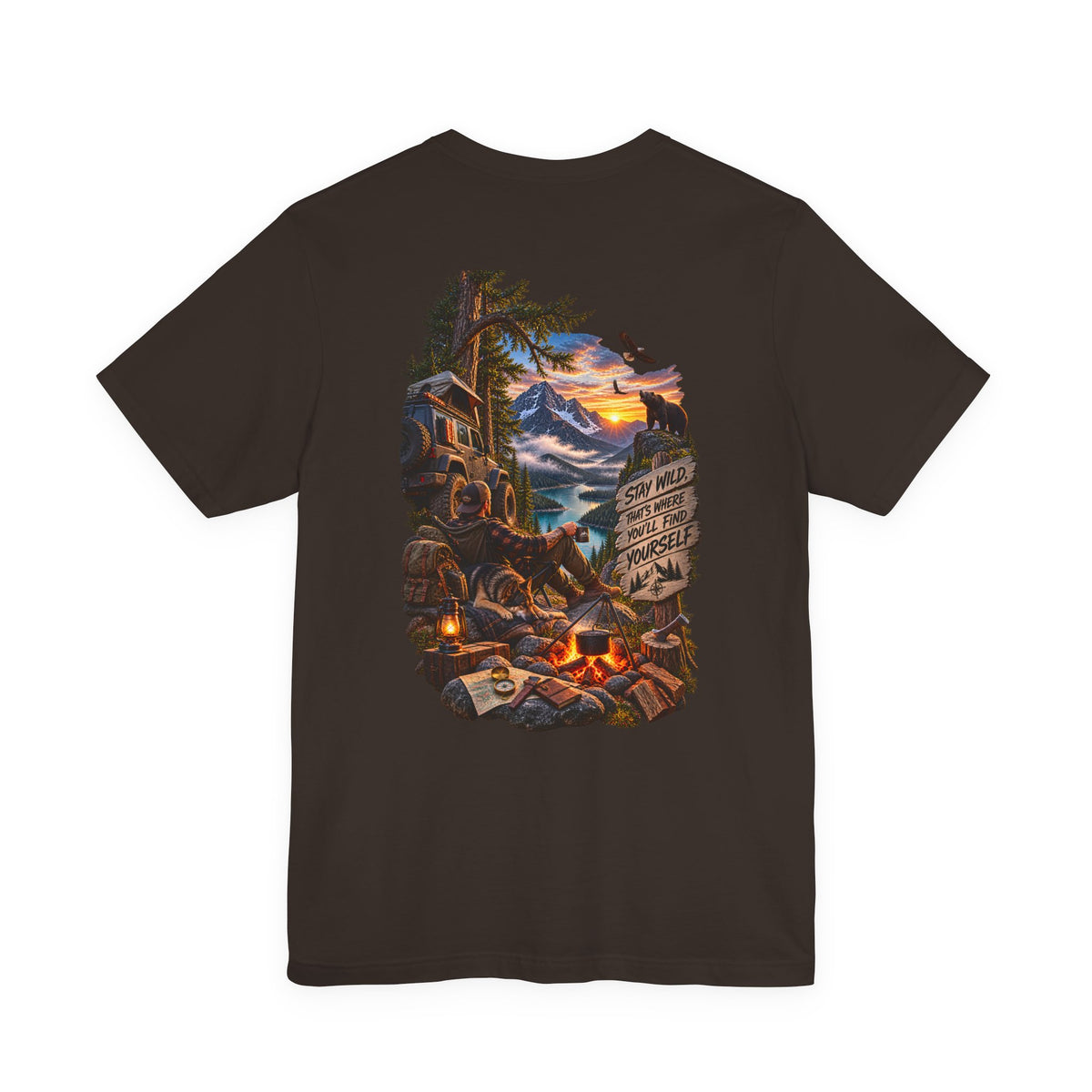 Camping Scene Backprint Tee — 'Stay Wild' Mountain Campfire Graphic T‑Shirt