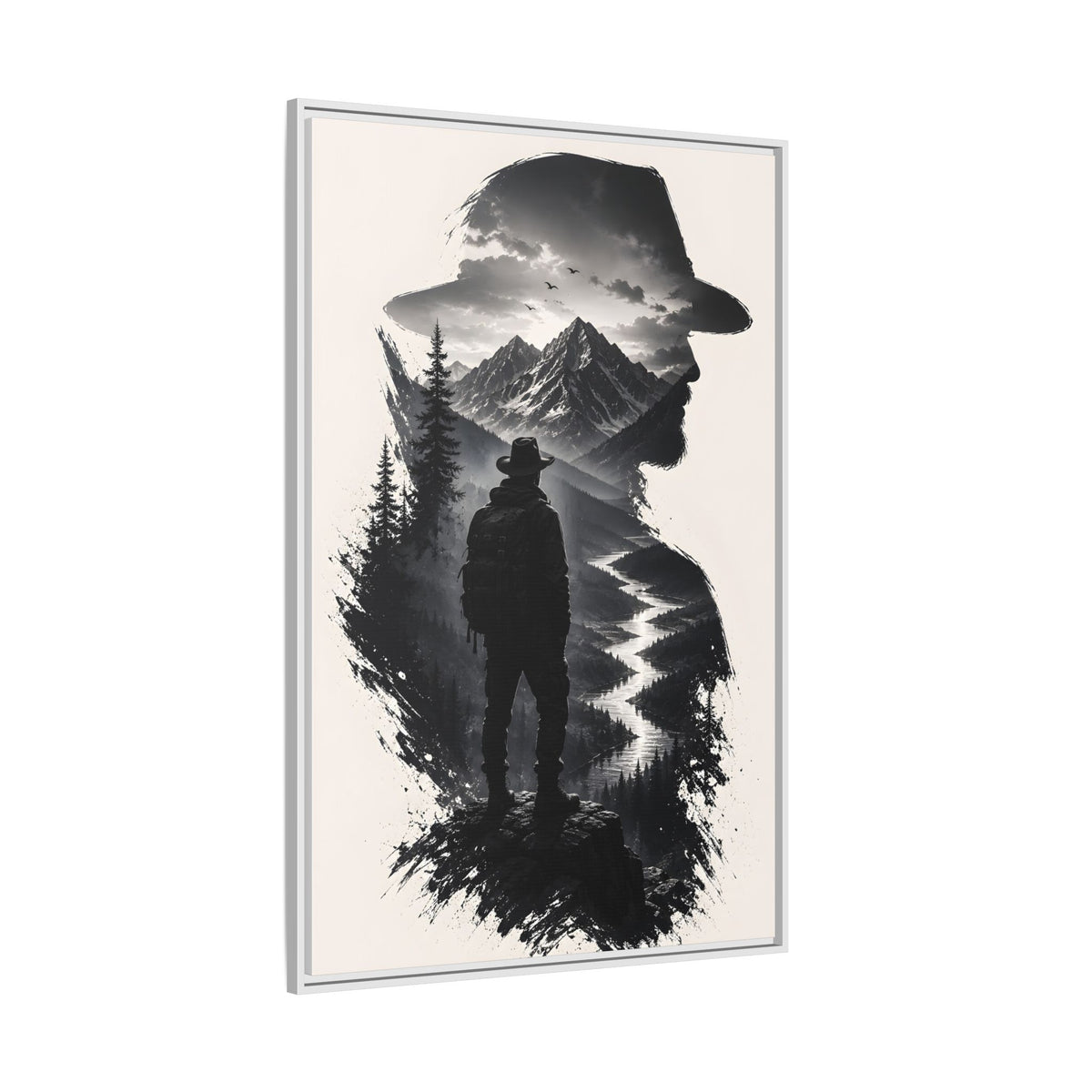 Adventure Silhouette Matte Canvas Framed Print — Mountain Hiker Double Exposure Wall Art