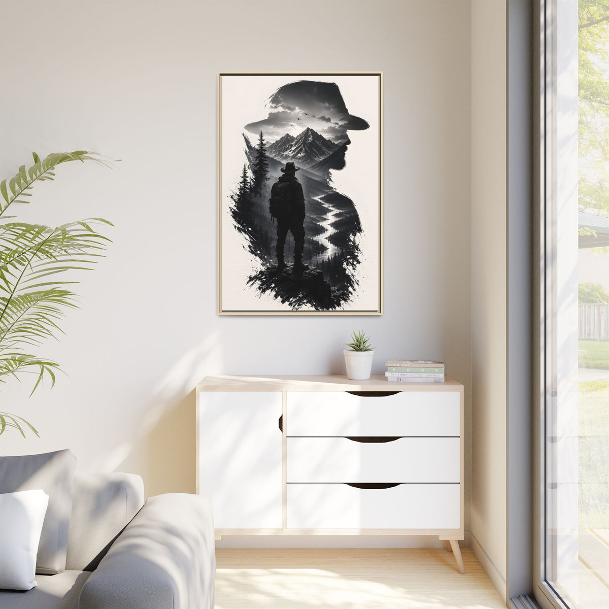 Adventure Silhouette Matte Canvas Framed Print — Mountain Hiker Double Exposure Wall Art
