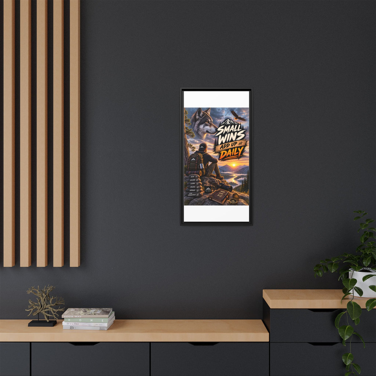 Small Wins Add Up Daily Framed Canvas Wall Art — Motivational Hiking Print