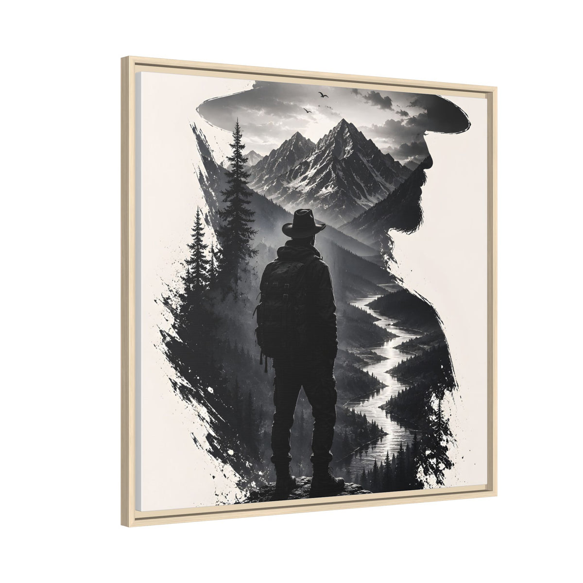 Adventure Silhouette Matte Canvas Framed Print — Mountain Hiker Double Exposure Wall Art