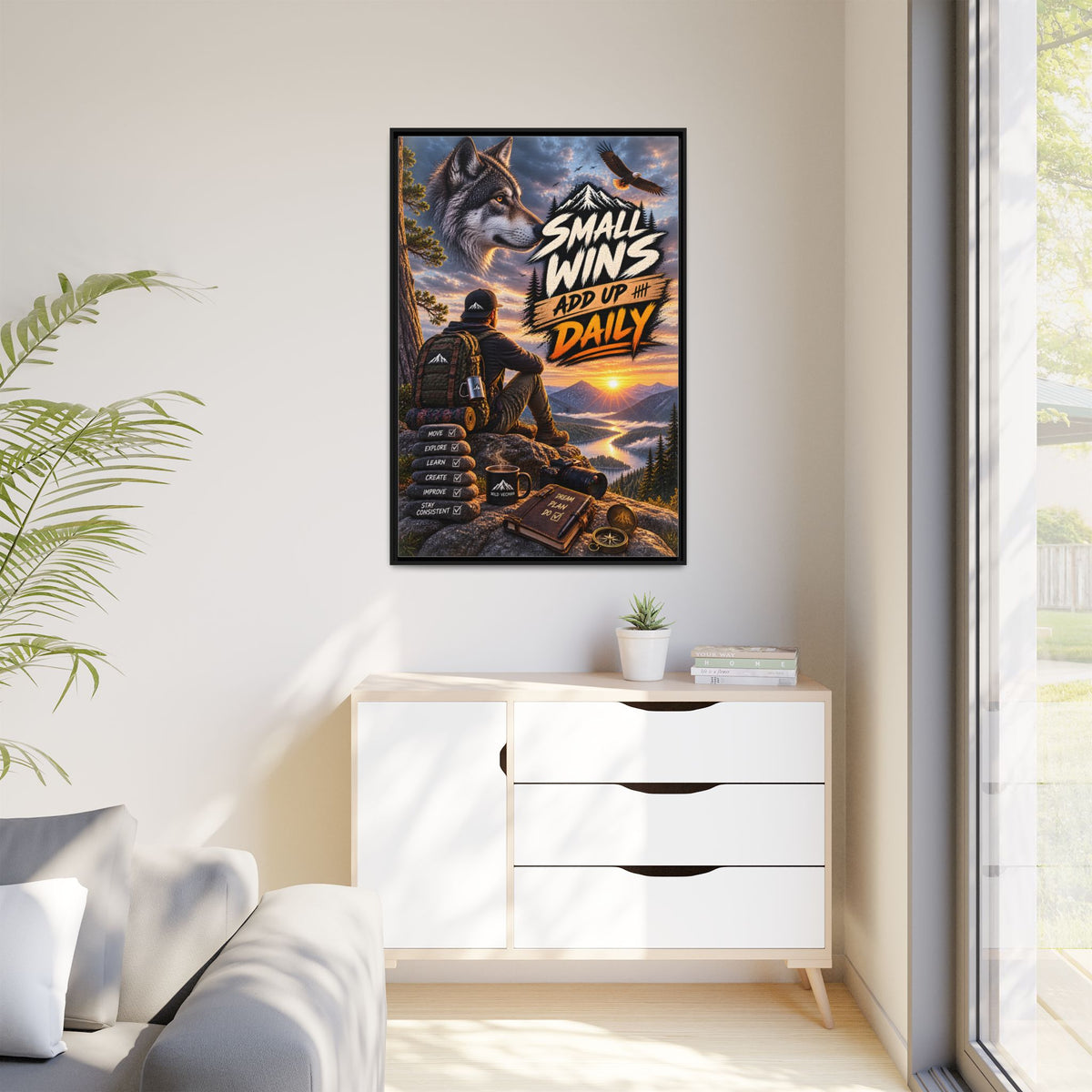 Small Wins Add Up Daily Framed Canvas Wall Art — Motivational Hiking Print