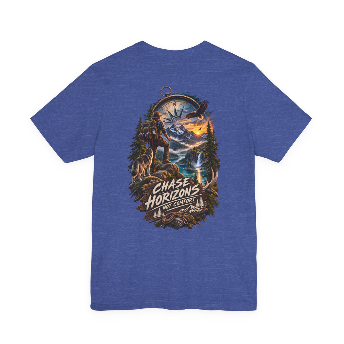 Chase Horizons Adventure T-Shirt — Scenic Back Graphic with 'Chase Horizons, Not Comfort'