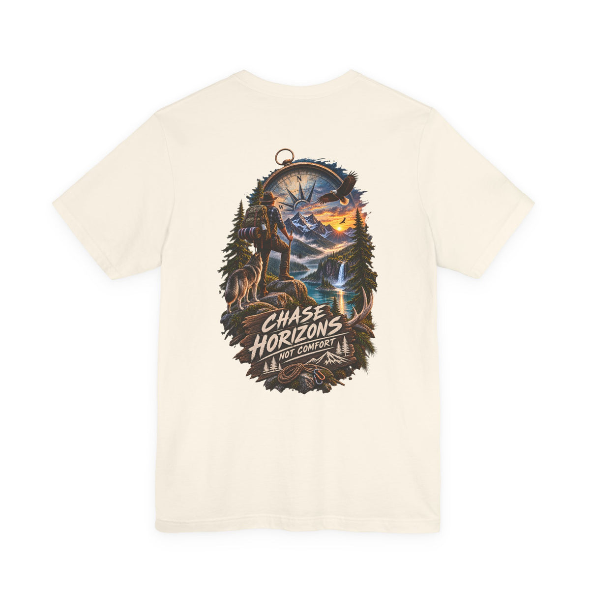Chase Horizons Adventure T-Shirt — Scenic Back Graphic with 'Chase Horizons, Not Comfort'