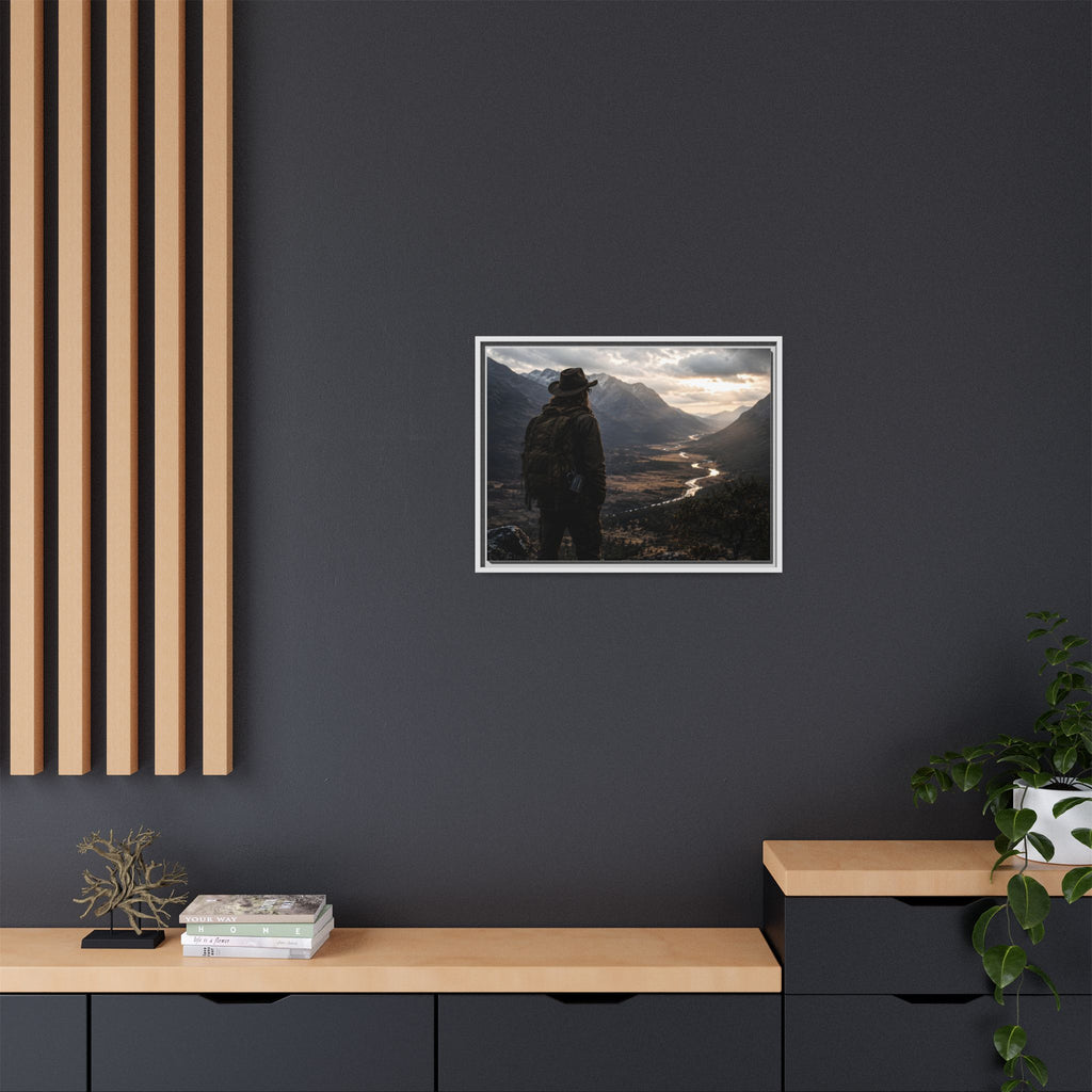 Wanderer in the Valley Matte Framed Canvas – Adventure Landscape Wall Art