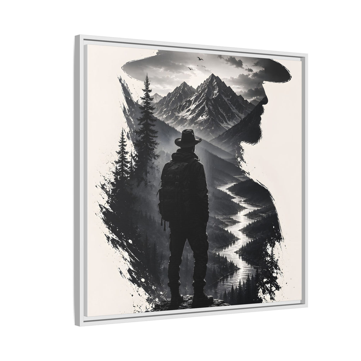 Adventure Silhouette Matte Canvas Framed Print — Mountain Hiker Double Exposure Wall Art