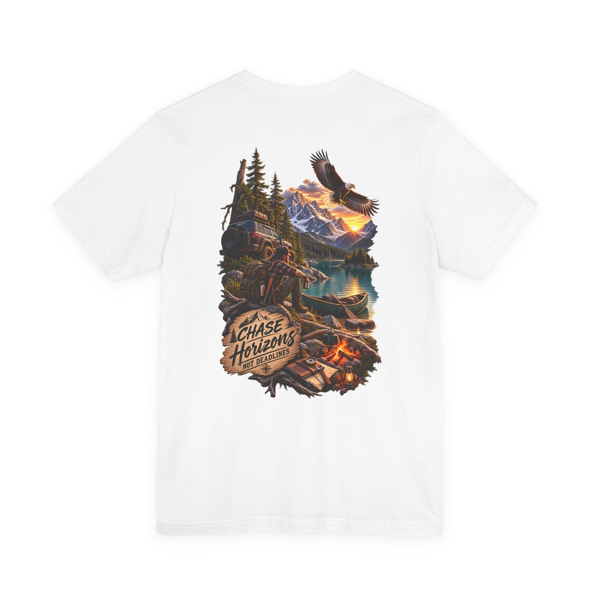 Adventure Graphic Tee — "Chase New Horizons" Mountain & Eagle Back Print