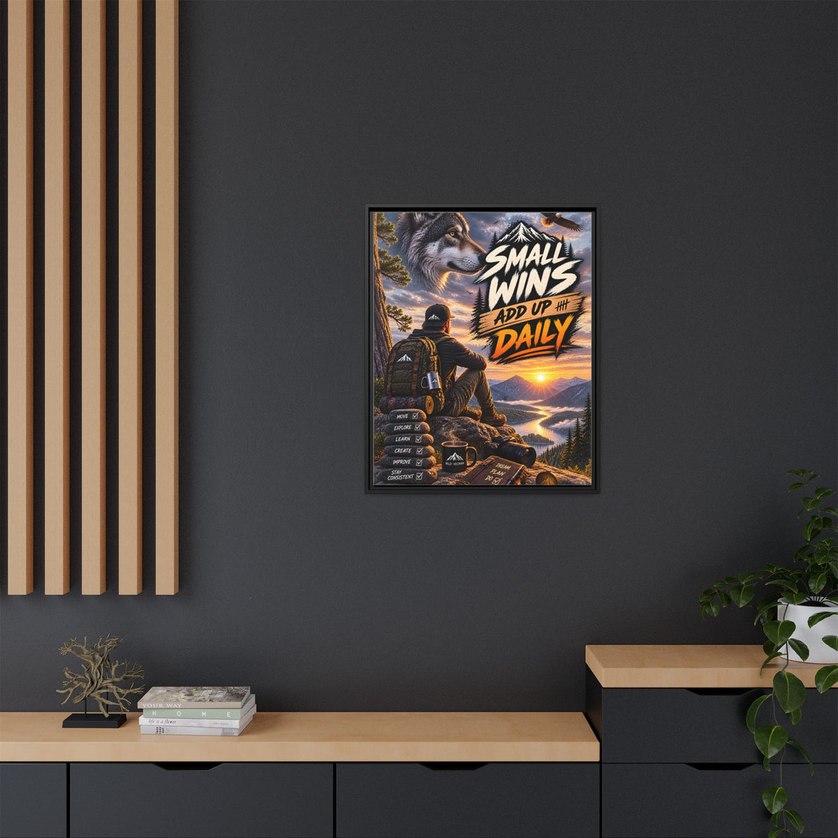 Small Wins Add Up Daily Framed Canvas Wall Art — Motivational Hiking Print