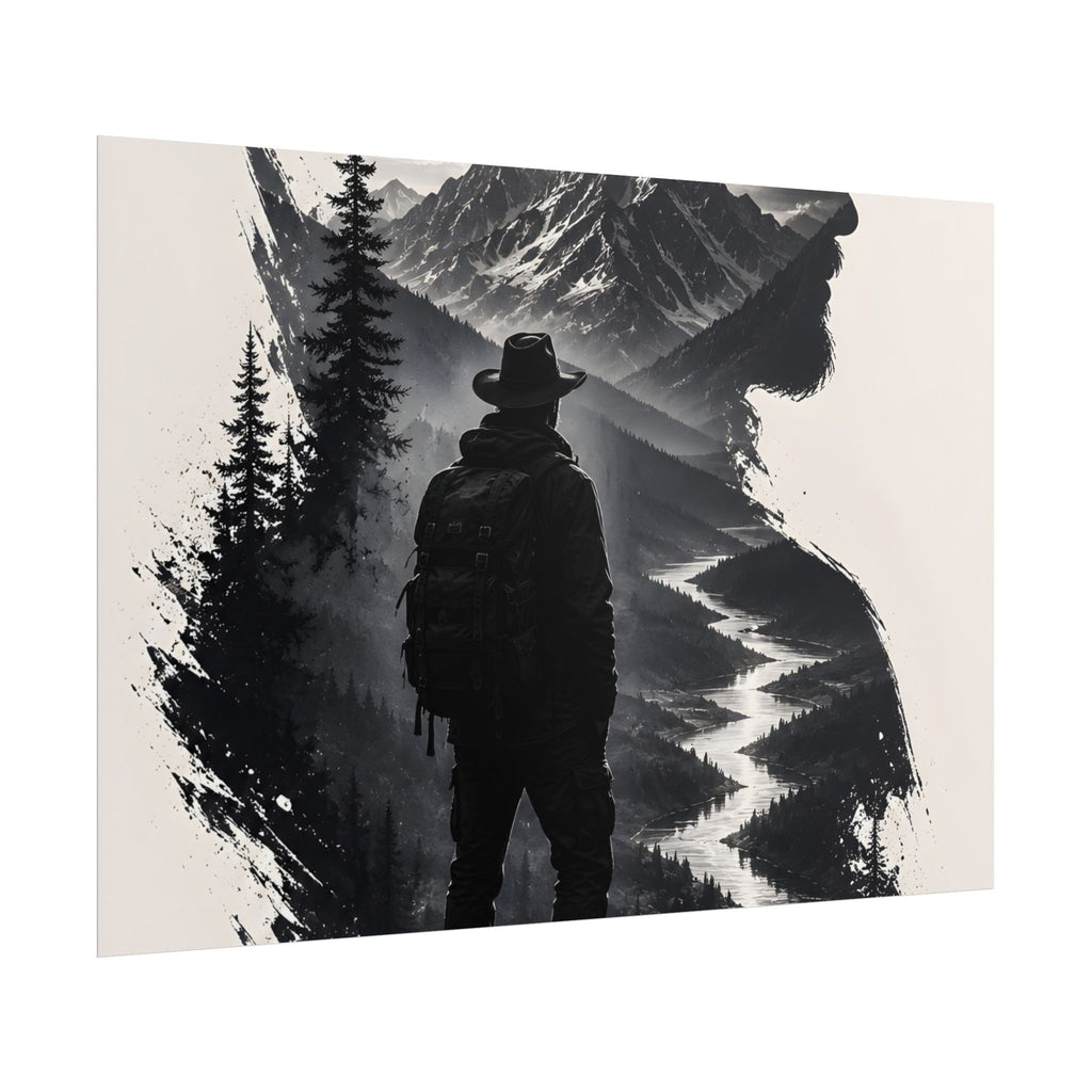 Adventure Silhouette Poster — Hiker, Mountains & River Rolled Wall Art