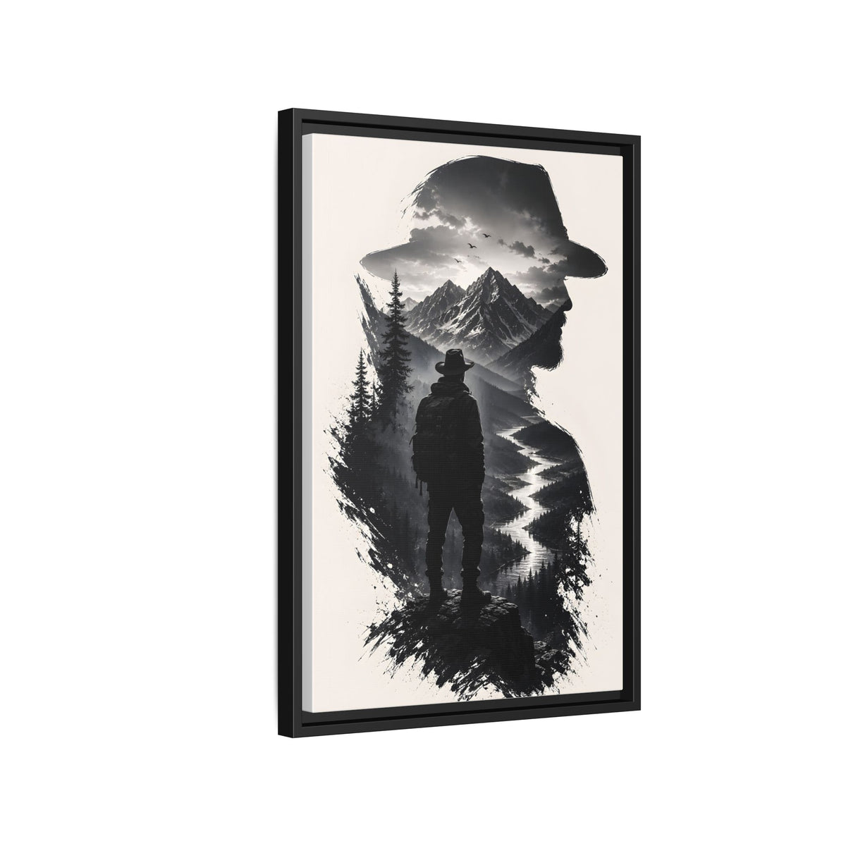 Adventure Silhouette Matte Canvas Framed Print — Mountain Hiker Double Exposure Wall Art
