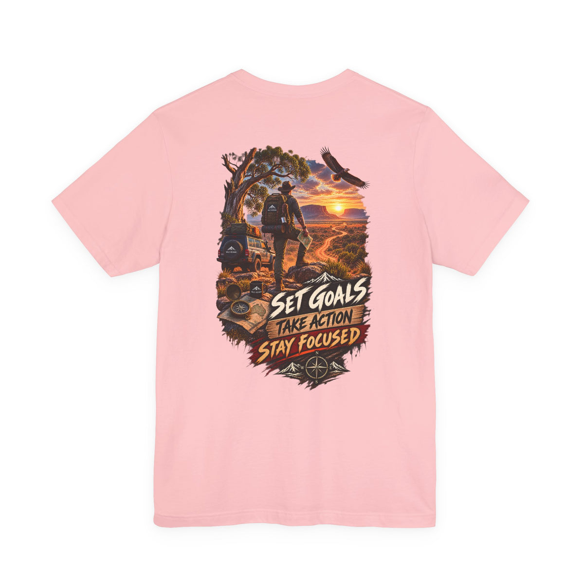 Motivational Hiking T‑Shirt — "Set Goals, Take Action, Stay Focused" Back Graphic