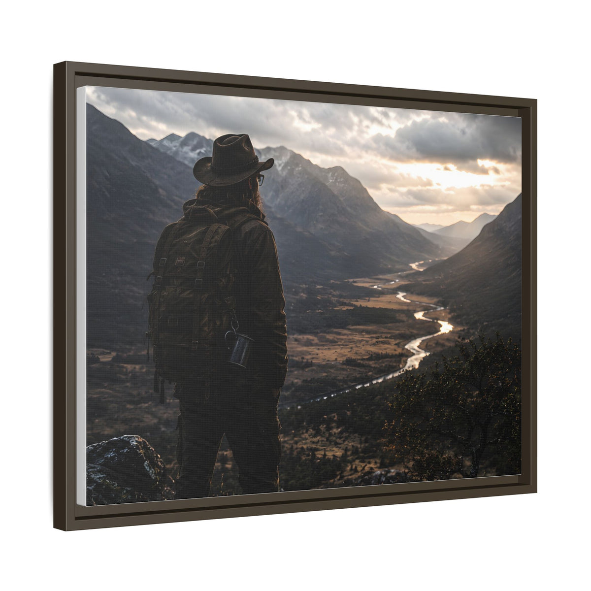 Wanderer in the Valley Matte Framed Canvas – Adventure Landscape Wall Art