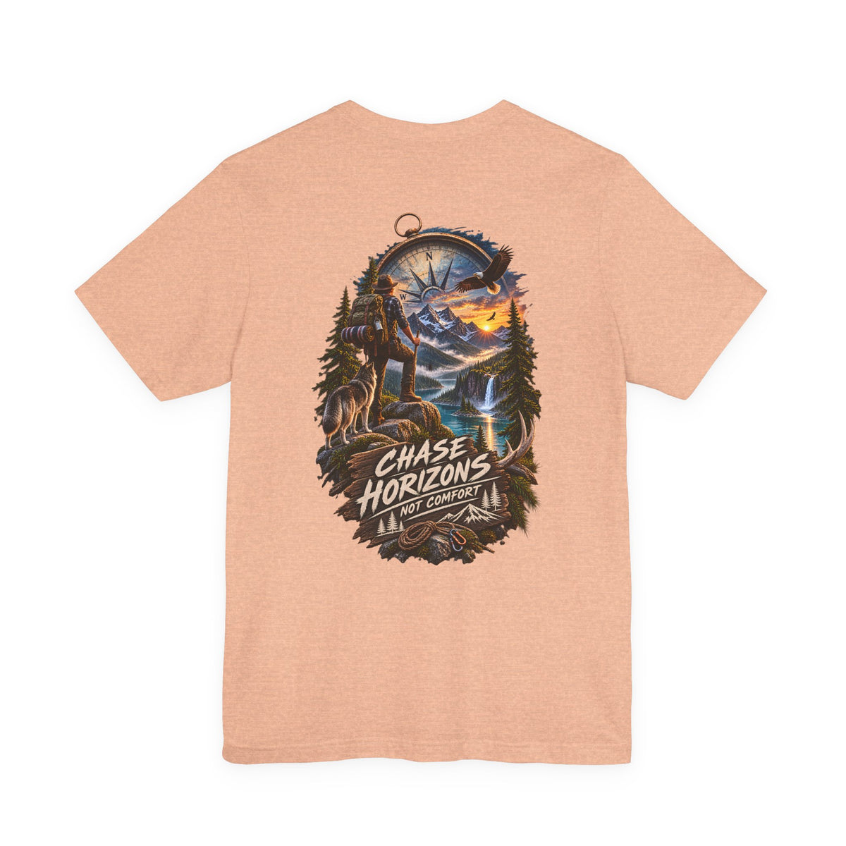 Chase Horizons Adventure T-Shirt — Scenic Back Graphic with 'Chase Horizons, Not Comfort'