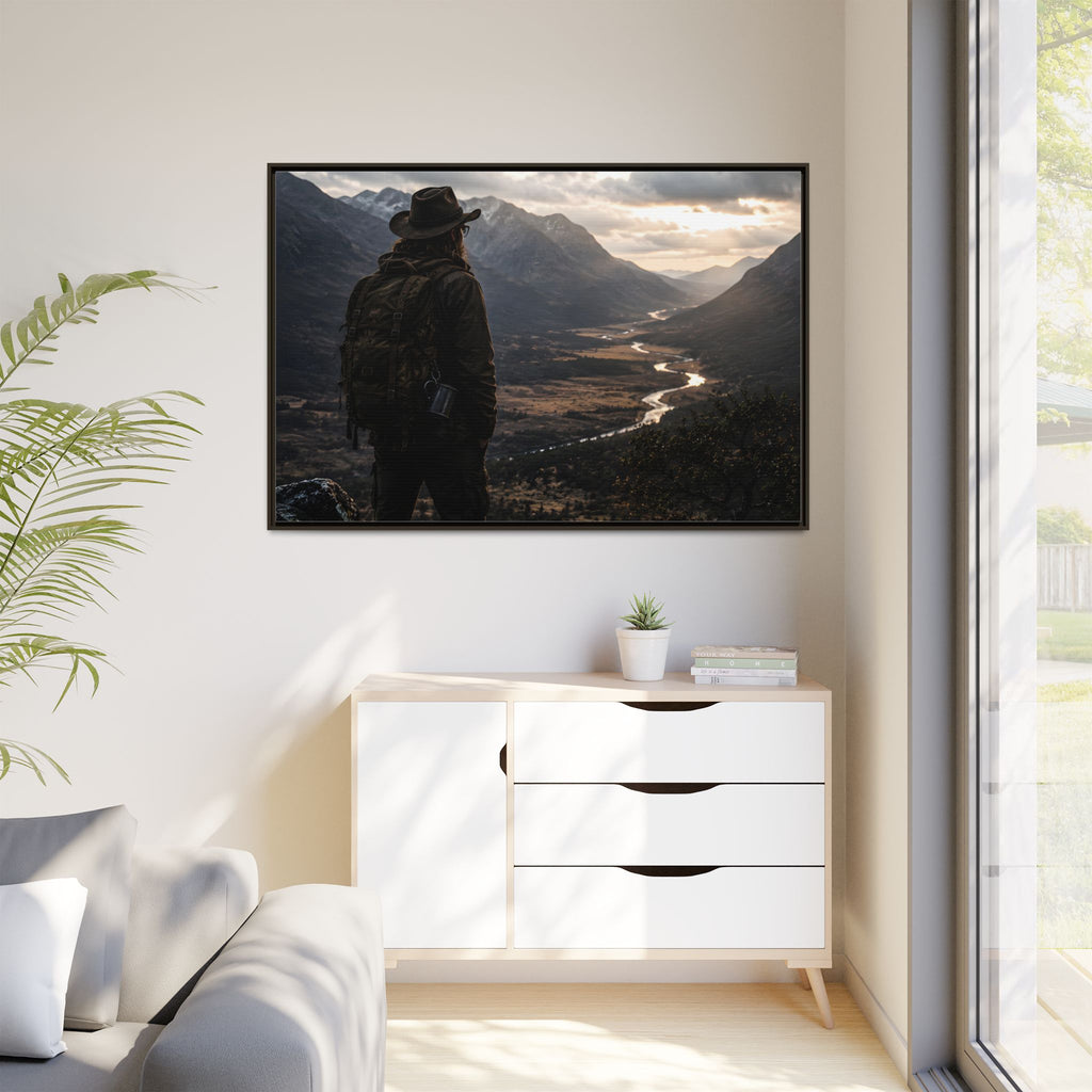 Wanderer in the Valley Matte Framed Canvas – Adventure Landscape Wall Art