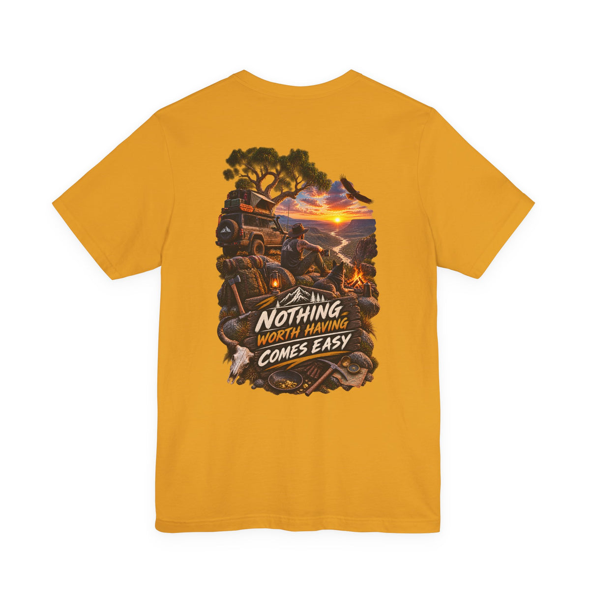 Adventure Tee — "Nothing Worth Having Comes Easy" Off-Road Sunset Graphic T-Shirt