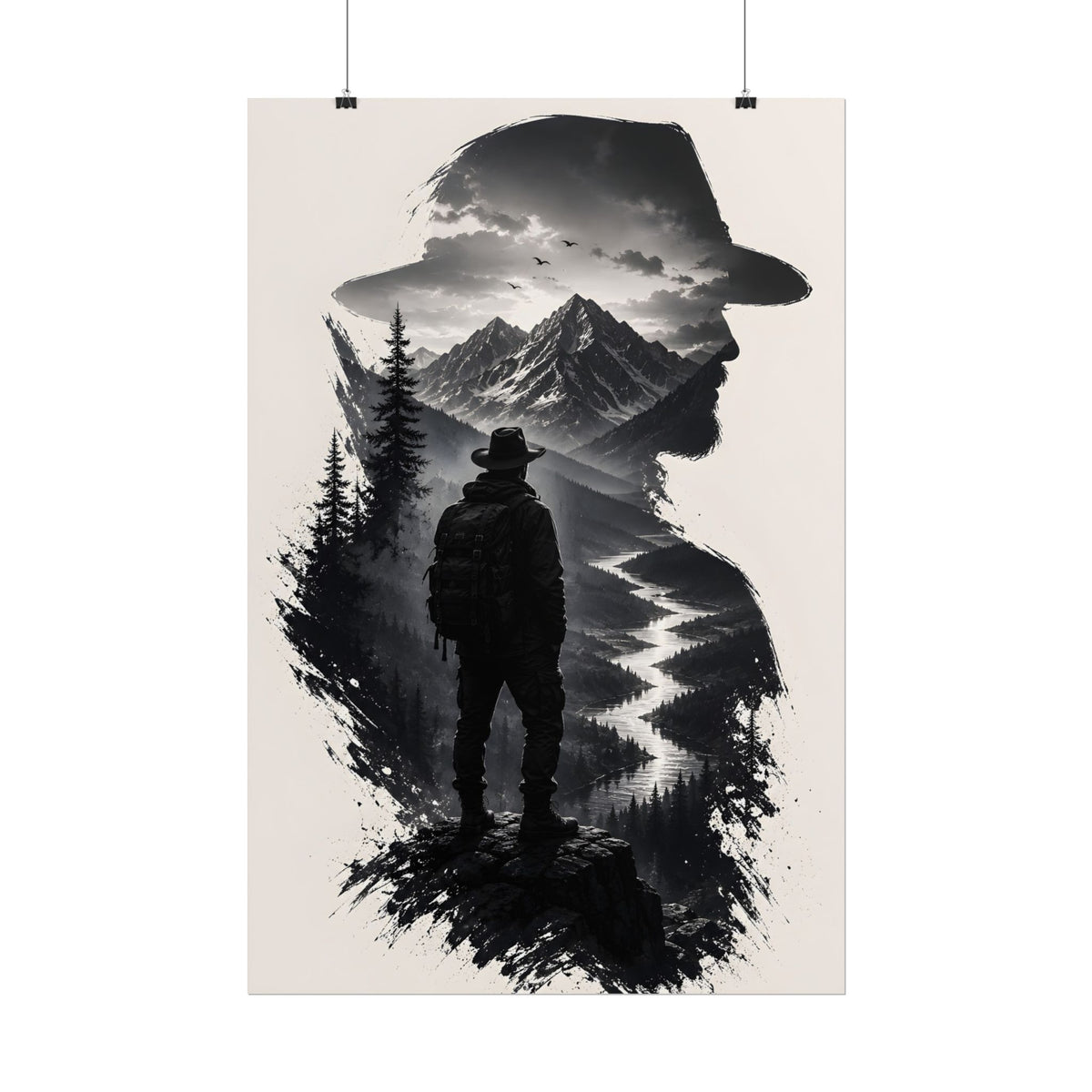 Adventure Silhouette Poster — Hiker, Mountains & River Rolled Wall Art