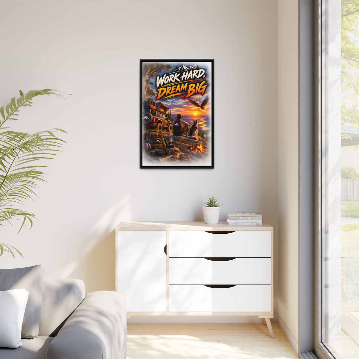 Work Hard Dream Big Framed Canvas Print — Inspirational Camping Sunset Wall Art