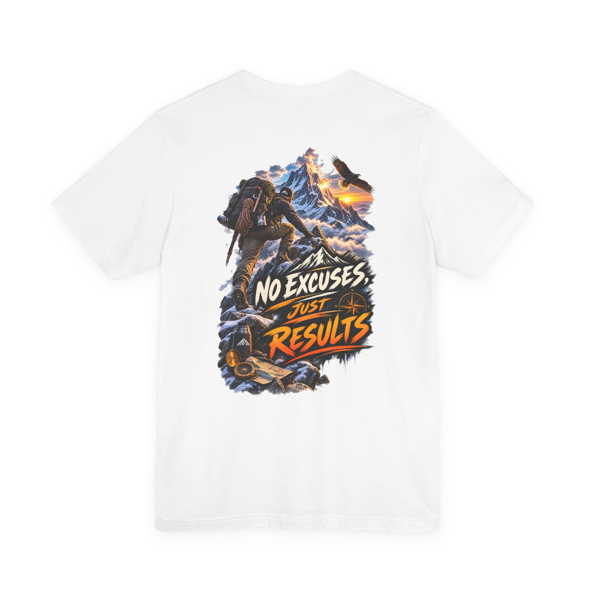 Motivational Climbing T-Shirt — "No Excuses, Just Results" Back Graphic