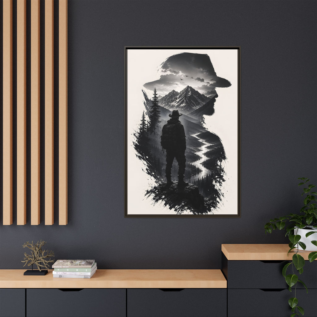 Adventure Silhouette Matte Canvas Framed Print — Mountain Hiker Double Exposure Wall Art