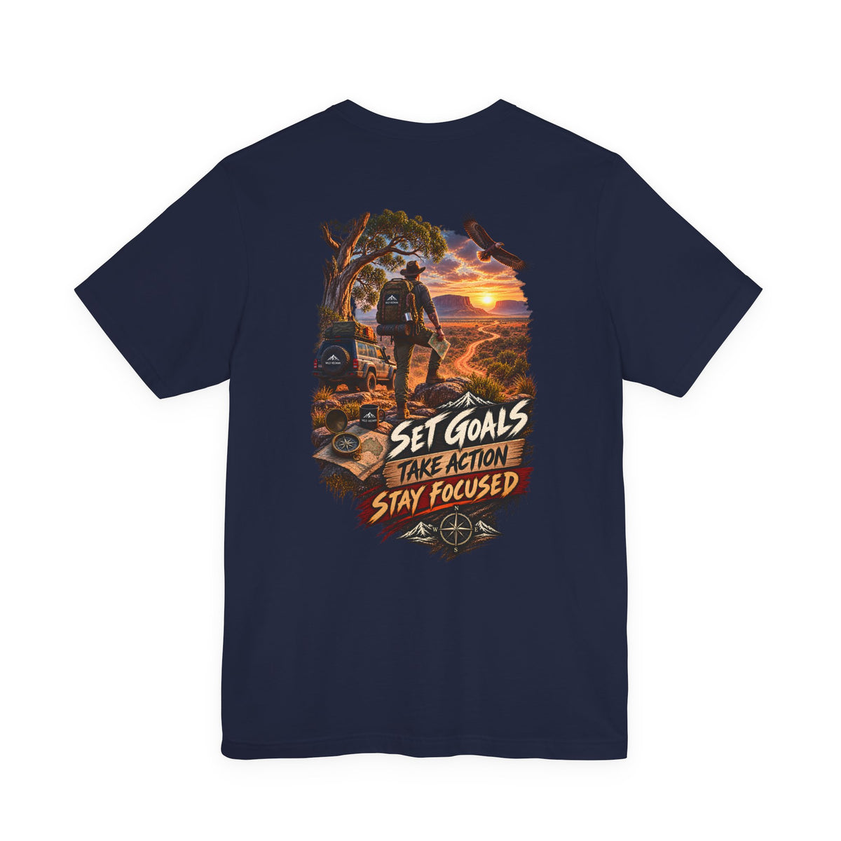 Motivational Hiking T‑Shirt — "Set Goals, Take Action, Stay Focused" Back Graphic