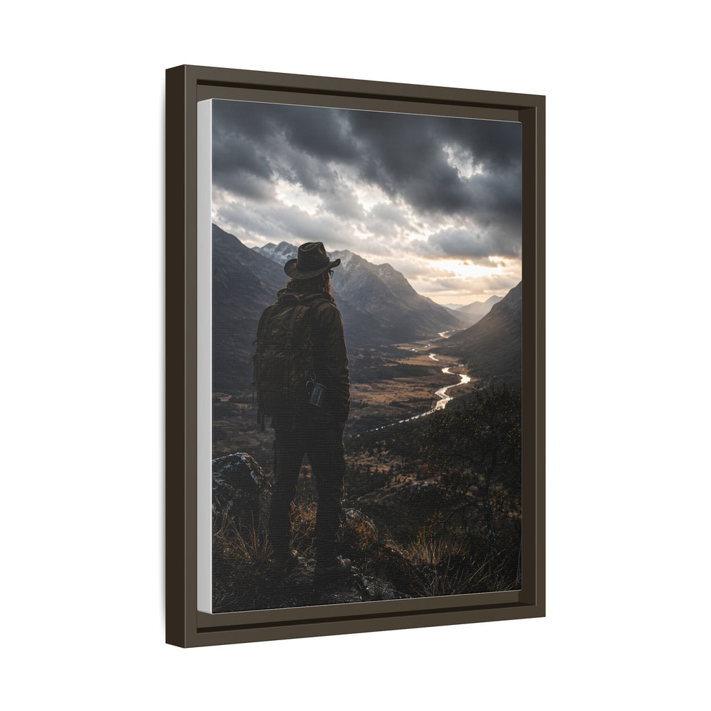 Wanderer in the Valley Matte Framed Canvas – Adventure Landscape Wall Art