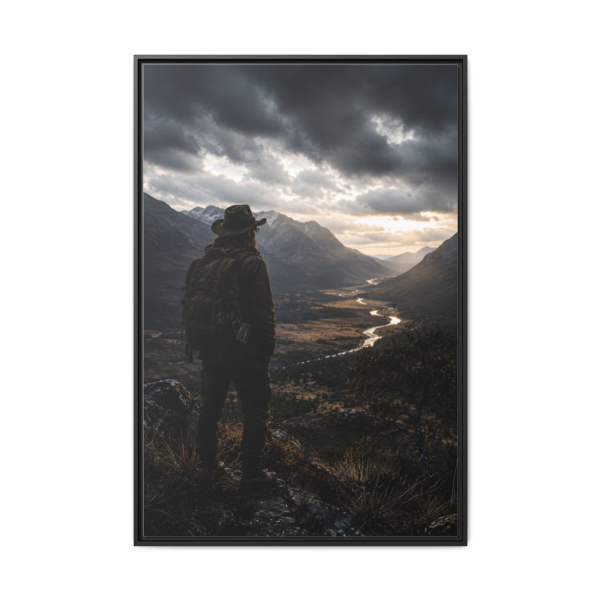 Wanderer in the Valley Matte Framed Canvas – Adventure Landscape Wall Art