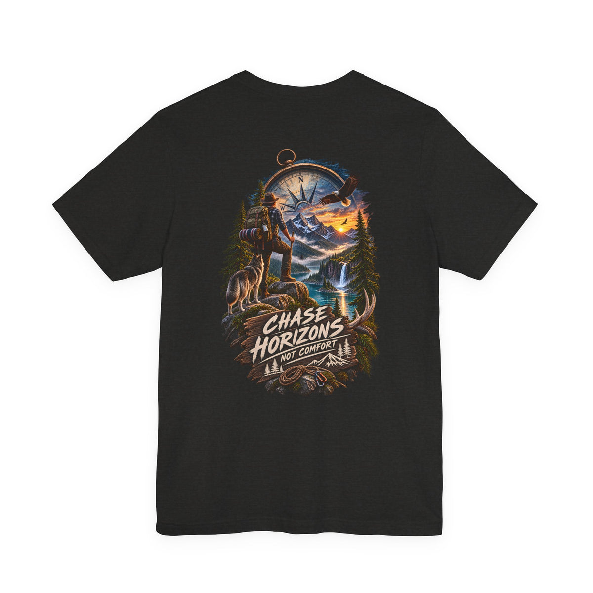 Chase Horizons Adventure T-Shirt — Scenic Back Graphic with 'Chase Horizons, Not Comfort'