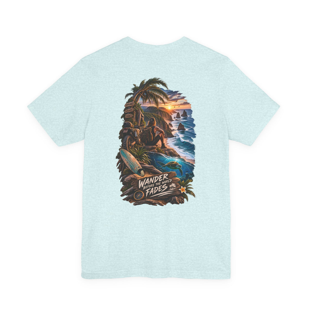 T-Shirt — "Wander Never Fades" Surf Sunset Graphic Tee