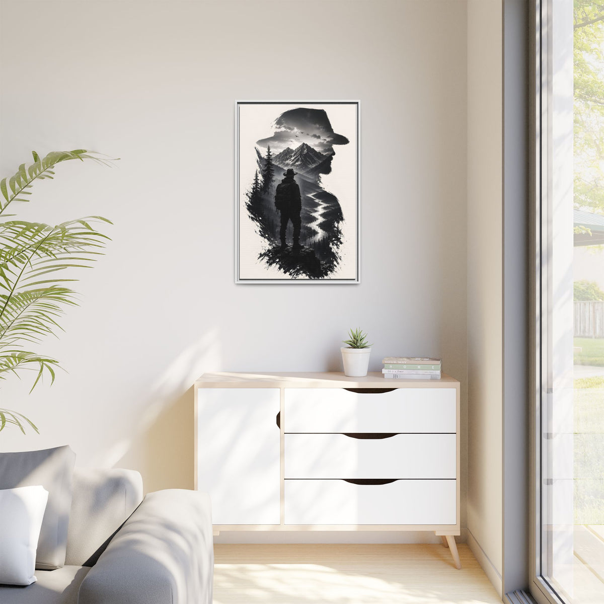 Adventure Silhouette Matte Canvas Framed Print — Mountain Hiker Double Exposure Wall Art
