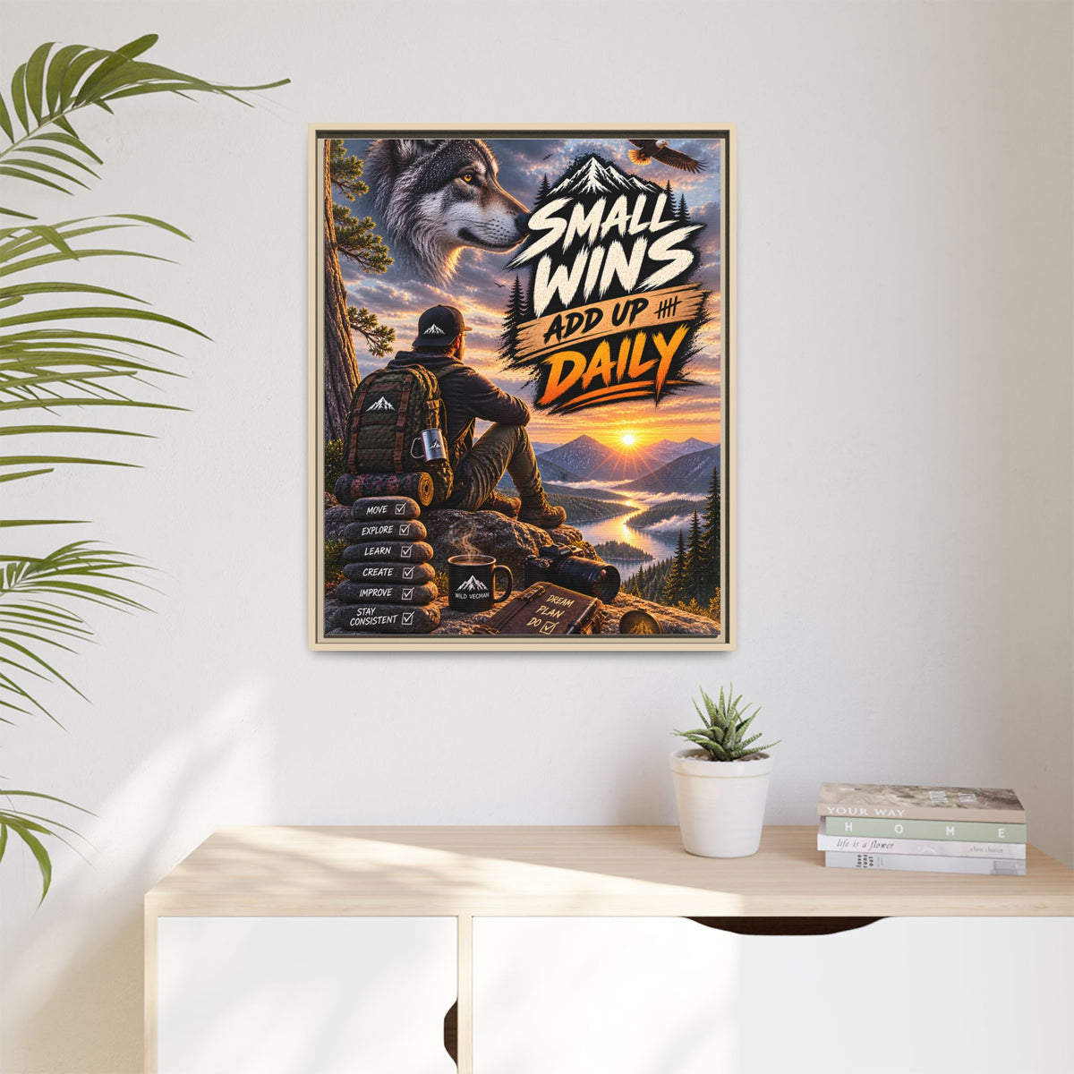 Small Wins Add Up Daily Framed Canvas Wall Art — Motivational Hiking Print