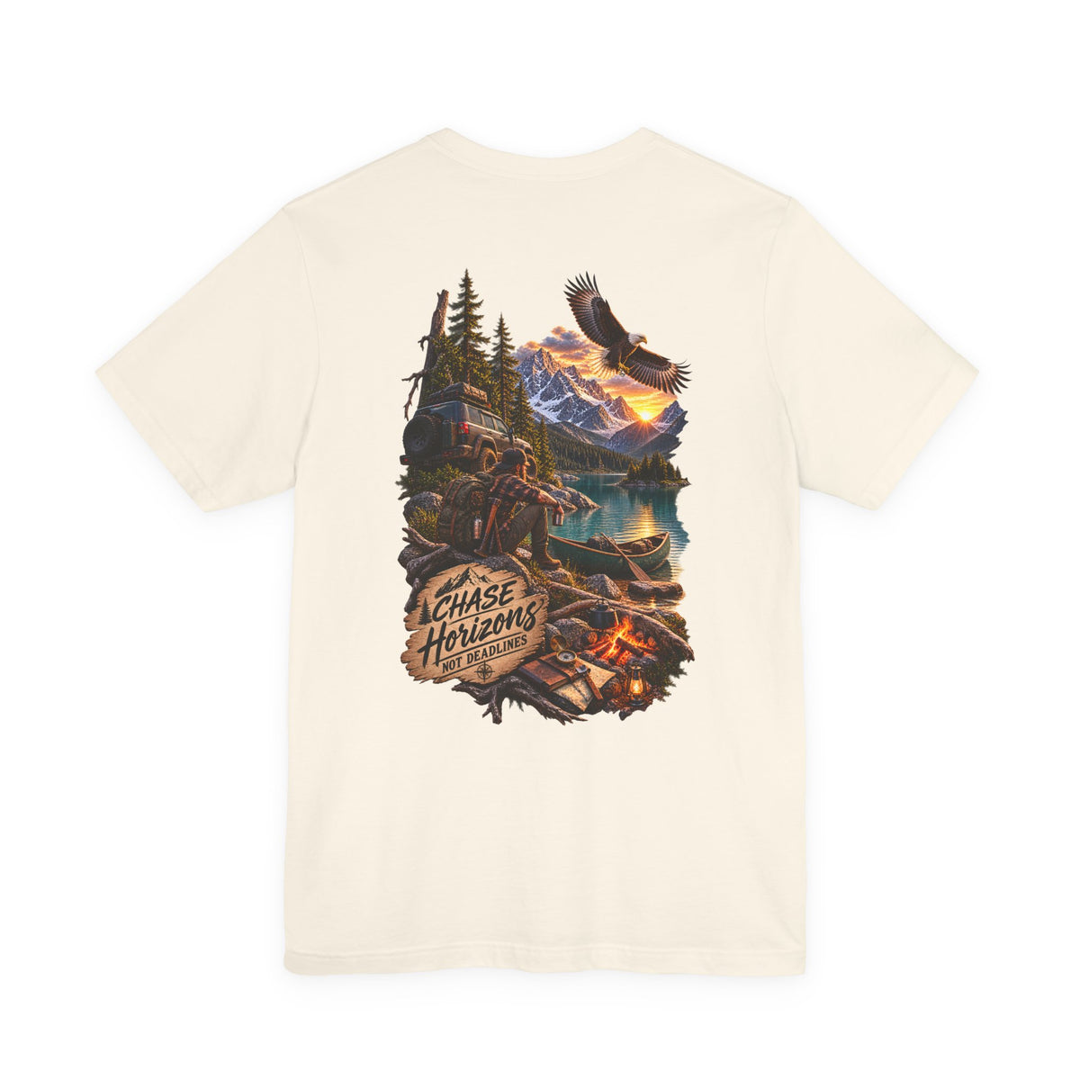 Adventure Graphic Tee — "Chase New Horizons" Mountain & Eagle Back Print