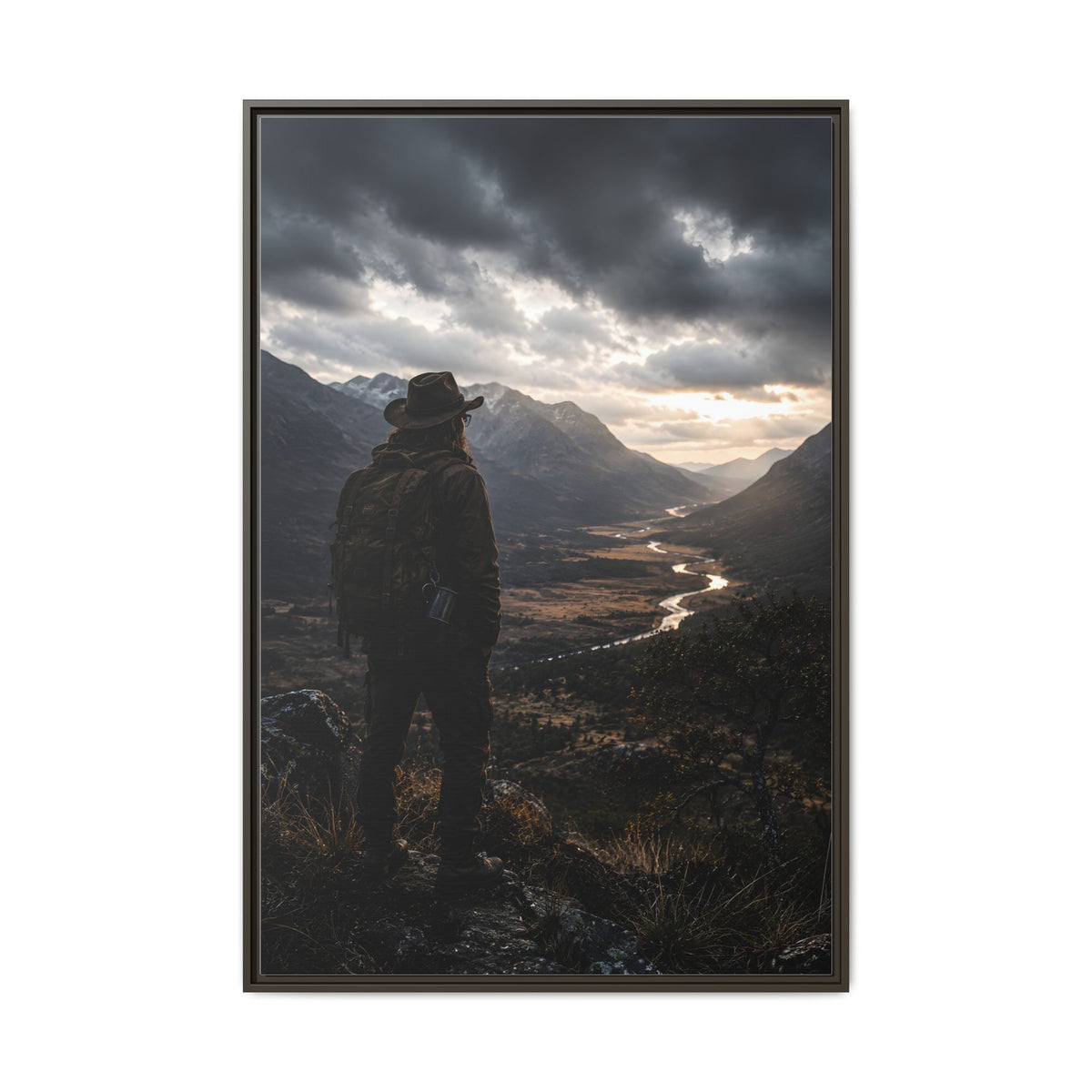 Wanderer in the Valley Matte Framed Canvas – Adventure Landscape Wall Art