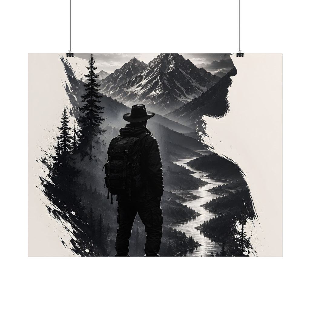 Adventure Silhouette Poster — Hiker, Mountains & River Rolled Wall Art