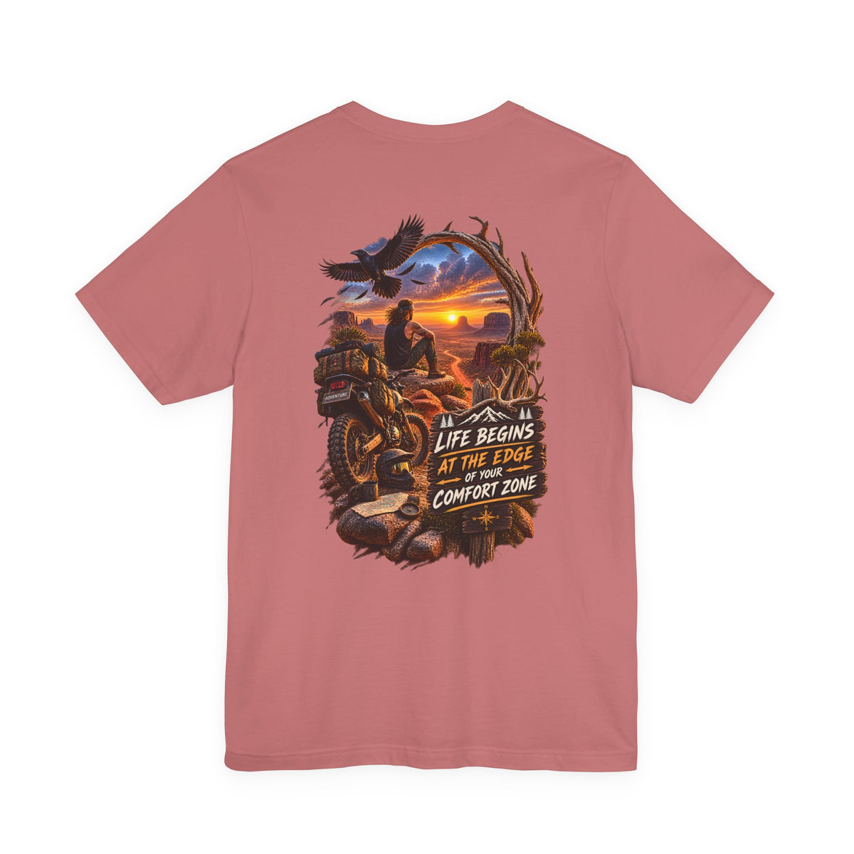 Adventure Motorcycle Tee — "Life Begins at the Edge of Your Comfort Zone"